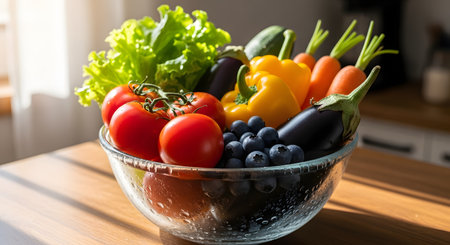 A clear glass bowl sitting on a wooden table, filled with an assortment of fresh vegetables including tomatoes, carrots, peppers, and blueberries. The image represents healthy eating, vegan nutrition, and fresh organic produce.の素材