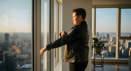 A person wearing a black leather jacket stands near a large window in a high-rise apartment, adjusting their sleeve. The background offers a panoramic view of a city skyline bathed in the warm light of sunset.の素材