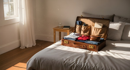 An open brown vintage leather suitcase sits on a bed, neatly packed with folded clothes and toiletries. Sunlight streams into the bedroom, highlighting the anticipation of a trip or vacation.の素材
