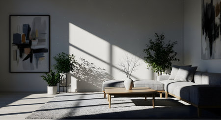 A modern, minimalist living room bathed in strong afternoon sunlight that casts distinct geometric shadows across the wall and rug. The room features a gray sectional sofa, potted green plants, a wooden coffee table, and abstract art, creating a clean and stylish interior.の素材