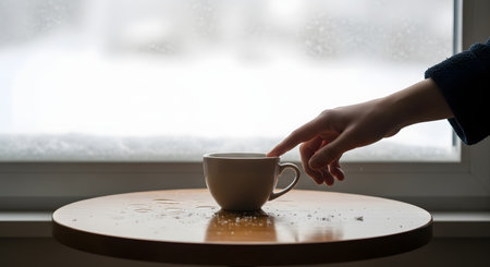A hand gently reaches for a white coffee cup sitting on a wooden table near a window with a snowy winter view. Droplets of water and scattered sugar or snow on the table add texture to the cozy, cold-weather scene.の素材