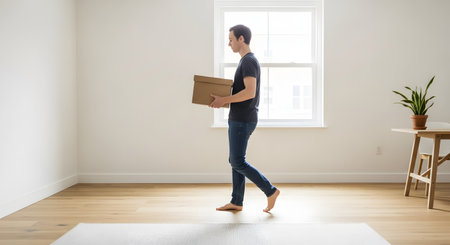 A young man walks barefoot across an empty room carrying a cardboard box, signifying moving into a new home. The bright, minimalist space with a window and a potted plant suggests a fresh start and relocation.の素材