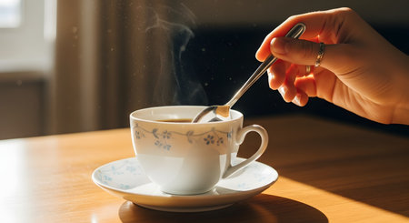 A hand uses a spoon to stir a hot drink in a delicate white floral teacup, with steam rising into a sunbeam filled with floating dust particles. The image conveys a sense of morning calm, elegance, and the simple pleasure of a hot beverage.の素材