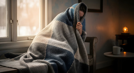 A person wrapped in a thick knit blanket sits on a bench by a window, possibly feeling cold or unwell. A steaming mug sits on a nearby table, adding to the cozy, wintery, and comforting atmosphere of the indoor scene.の素材