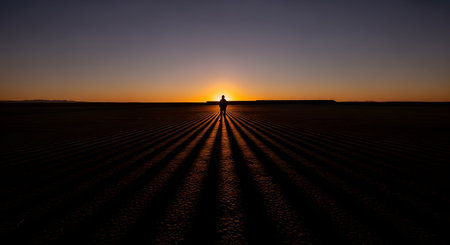 A silhouette of a lone person stands on a vast, textured desert plain at sunset, casting long, dramatic shadows towards the camera. The image evokes themes of solitude, adventure, and contemplation amidst a grand natural landscape.の素材