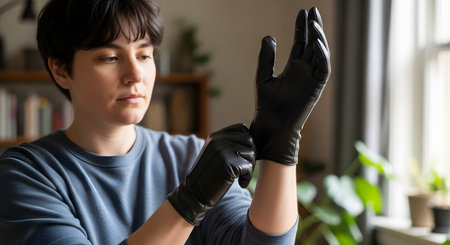 A woman stands indoors carefully pulling on a pair of sleek black leather gloves. The image suggests preparation for going out in cold weather or adding a stylish accessory to an outfit.の素材