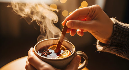 Close-up of hands holding a ceramic mug filled with a hot, dark beverage, possibly mulled wine or tea, garnished with orange slices and star anise. A cinnamon stick is being used to stir the drink, releasing steam against a backdrop of warm, festive bokeh lights.の素材
