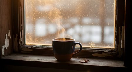 A steaming blue mug of coffee or tea sits on a wooden windowsill against a backdrop of a frosted window. The steam rising from the cup and the soft winter light create a cozy, warming atmosphere suitable for cold days.の素材