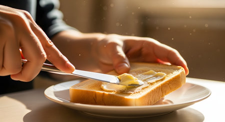 Close-up of hands using a silver knife to spread creamy butter onto a slice of golden toasted bread. The image is bathed in warm morning sunlight with floating dust particles, capturing a cozy breakfast moment.の素材