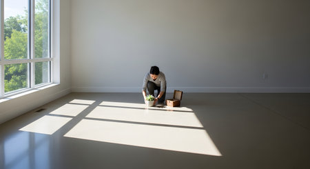 A woman kneels on the floor of a spacious, empty room, placing a potted plant in a patch of sunlight. The scene symbolizes moving into a new home, fresh beginnings, and the process of decorating a new space.の素材