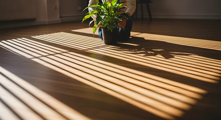 A person kneels on a wooden floor holding a green potted plant, illuminated by sunlight casting strong linear shadows from window blinds. The image conveys themes of home gardening, interior design, and plant care.の素材