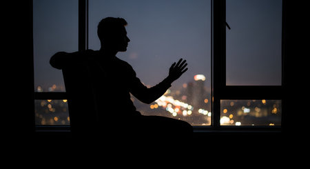 The silhouette of a man sits by a large window at night, looking out at the blurred city lights. He gestures slightly with one hand, suggesting deep thought or a late-night conversation.の素材