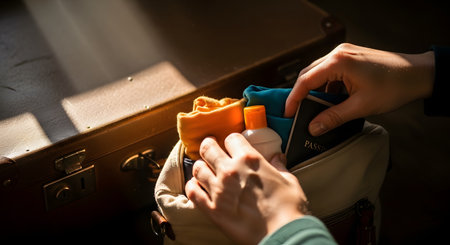 A close-up view of hands packing essential travel items, including a passport and a bottle of sunscreen, into a beige canvas bag. The scene represents the final stages of preparing for a holiday or international trip.の素材