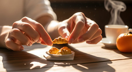 Close-up of hands delicately holding a tiny, miniature croissant over a saucer, with a cup of steaming coffee and an orange in the background. The sunlit scene captures a playful and cozy breakfast or coffee break moment.の素材
