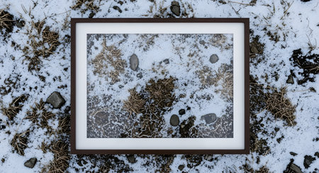 A dark wooden picture frame lies flat on a patch of ground covered with light snow and dry grass. The frame isolates the winter texture, creating a conceptual image about nature, cold, and perspective.の素材