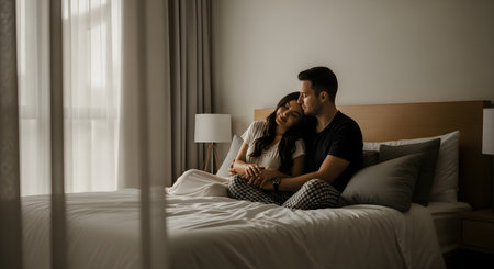 A romantic young couple sits together on a bed, cuddling and sharing a tender, intimate moment. The soft neutral tones and natural light convey a sense of comfort, love, and a peaceful relationship.の素材