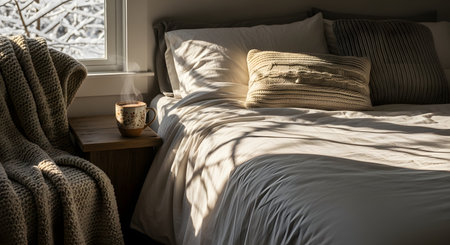 A cozy bedroom scene featuring a steaming mug of hot coffee on a wooden nightstand beside a bed with textured knit pillows. Sunlight streams through the window, illuminating the steam and revealing a snowy winter landscape outside, evoking warmth and relaxation.の素材