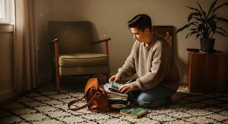A woman kneels on a rug in a cozy living room, packing books and folded clothes into a brown leather duffel bag. Sunlight filters into the room, highlighting the dust motes and creating a warm, anticipating atmosphere for a journey.の素材