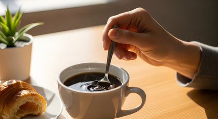 Close-up of a hand using a spoon to stir a cup of black coffee on a sunlit wooden table. A croissant and a small potted plant are visible in the background, creating a pleasant morning breakfast scene.の素材