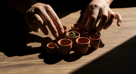 A pair of hands carefully arranges small terracotta pots on a wooden surface, with one pot containing a tiny green seedling. The scene is illuminated by hard sunlight, emphasizing the shadows and the concept of nurturing growth.の素材