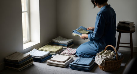 A woman sits on the floor organizing and stacking various folded patterned fabrics and linens near a window. A wicker basket full of cloth sits beside her as she sorts through the laundry or sewing materials in a quiet home setting.の素材