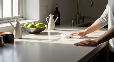 Hands using a white cloth to wipe down a clean, modern kitchen countertop bathed in sunlight. A bowl of green apples and olive oil bottles in the background add freshness to the domestic scene.の素材