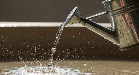 A close-up action shot of water pouring from the spout of a galvanized metal watering can. The water droplets are frozen in mid-air, highlighting the refreshing and nurturing aspect of gardening.の素材
