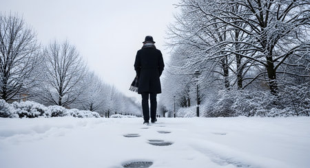 A person wearing a black coat and hat walks away down a snow-covered path lined with trees. Footprints mark the fresh snow, creating a sense of solitude and winter travel in a park or forest.の素材
