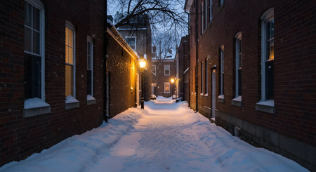 A quiet, snow-covered alleyway between brick buildings at dusk, illuminated by the warm glow of street lamps. The scene captures a peaceful winter evening atmosphere in a historic urban setting.の素材