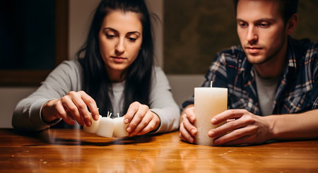 A serious-looking man and woman sit at a wooden table, holding and looking down at white candles. The dimly lit atmosphere suggests a moment of contemplation, remembrance, prayer, or solemnity.の素材