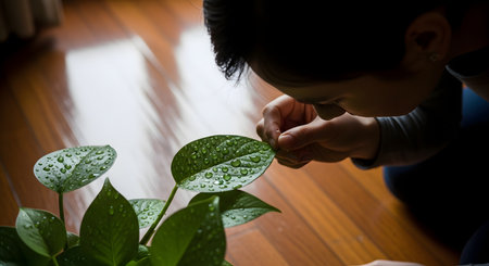 A close-up view of a person inspecting fresh water droplets on the vibrant green leaves of a potted houseplant. The image highlights the detailed texture of the wet foliage and the care involved in indoor gardening.の素材