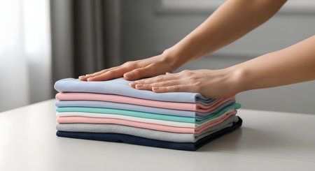 Close-up of hands organizing and smoothing a neat stack of folded pastel-colored t-shirts on a white table. The image represents laundry day chores, wardrobe organization, and clothing care.の素材