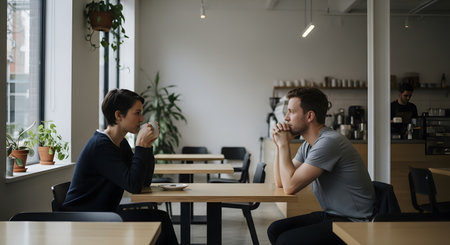 A man and a woman sit opposite each other at a cafe table near a window, engaged in a serious conversation. The woman holds a coffee mug while the man listens intently with clasped hands.の素材