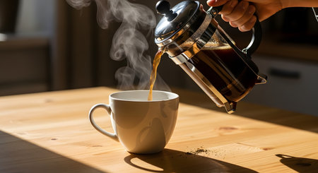 Hot coffee is poured from a French press into a white cup on a wooden table. Steam rises from the pouring stream, backlit by sunlight, creating an inviting and aromatic coffee moment.の素材