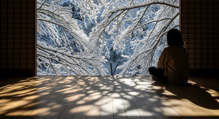 A person sits on a traditional tatami mat floor, gazing out through an open sliding door at heavy snow covering the trees in a Japanese garden. The scene captures the serene beauty of winter, silence, and the contemplation of nature from a warm interior.の素材