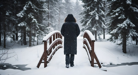 A person wearing a heavy winter coat with a fur hood walks away across a snow-covered wooden bridge in a dense pine forest. Falling snow and the solitary figure create a serene and adventurous winter atmosphere.の素材