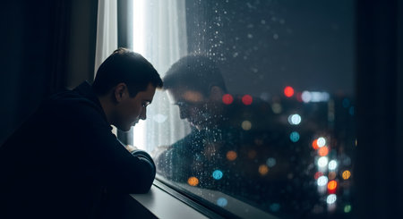 A young man leans against a window pane, looking out with a melancholic expression as rain streaks the glass. Outside, the blurred bokeh of city lights creates a moody, atmospheric backdrop, emphasizing themes of loneliness, contemplation, or depression.の素材