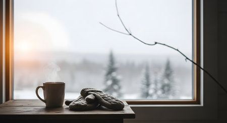 A steaming white mug and a pair of knitted grey mittens sit on a rustic wooden windowsill. Through the large window, a blurred winter landscape of snowy pine trees is visible, evoking a feeling of warmth and comfort while watching the cold outdoors.の素材