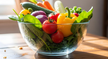 A glass bowl filled with fresh colorful vegetables including tomatoes, spinach, and bell peppers sits in natural sunlight. Water droplets on the skins of the produce highlight their freshness and organic quality.の素材