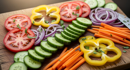 A vibrant arrangement of fresh sliced vegetables including tomatoes, cucumbers, red onions, carrots, and yellow bell peppers displayed on a wooden cutting board. The colorful spread emphasizes healthy eating, meal preparation, and fresh ingredients.の素材
