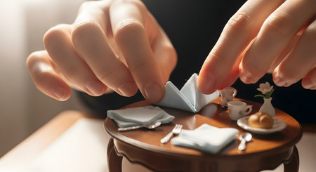 A close-up of large human hands carefully arranging a tiny blue napkin on a miniature wooden dining table set. The image highlights the immense scale difference and the intricate detail involved in the hobby of miniatures and dollhouse decoration.の素材