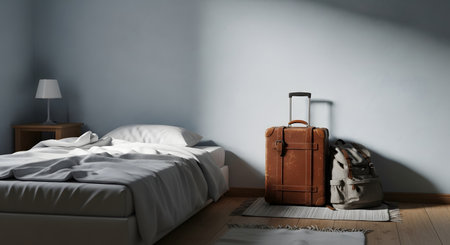 A vintage brown leather suitcase and a canvas backpack rest on a rug in a sparsely furnished bedroom with a single bed and blue textured walls. The scene evokes a sense of travel, staying in a hostel, or the transitional moment of packing and moving.の素材