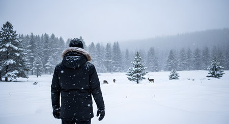 A person wearing a black winter parka stands in a snowy field looking towards a pine forest where deer are grazing. The scene captures the quiet beauty of wildlife and nature during the winter season.の素材