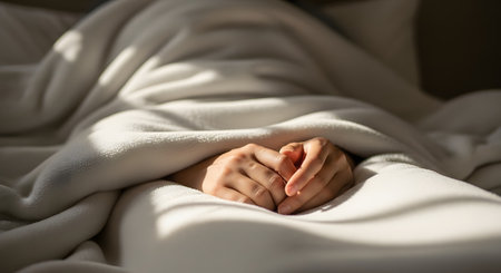 A close-up of hands gently clasped together, resting on a soft white duvet cover. Shadows from a nearby window create a pattern across the bedding, suggesting a peaceful morning or a moment of rest.の素材
