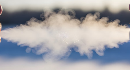 A cloud of breath vapor is exhaled into the freezing winter air, dramatically backlit by the sun. The image visualizes the extreme cold temperature and the physical sensation of breathing in a frosty environment.の素材