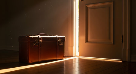 A vintage brown leather suitcase sits on a wooden floor, bathed in a beam of light coming from a slightly open white door. The scene evokes a sense of mystery, departure, or the beginning of a new journey.の素材