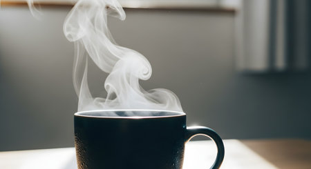 A dark ceramic mug sits on a surface with thick white steam swirling upwards, backlit by soft natural light. The steam is captured in detail, emphasizing the heat and aroma of the freshly brewed coffee or tea.の素材