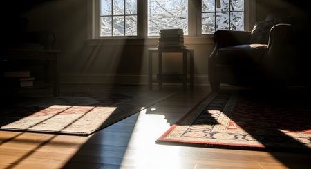 A peaceful interior scene with sunlight streaming through a large window onto a wooden floor and Persian rugs. A stack of books sits on a small table near a leather armchair, while snow-covered trees are visible outside, contrasting the warm interior with the cold winter day.の素材