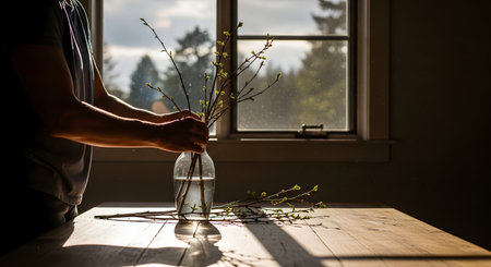 A silhouette of a person arranging tall branches with fresh spring buds into a clear glass vase on a wooden table. Sunlight streams through the window behind them, highlighting the new growth and creating a peaceful, domestic atmosphere.の素材
