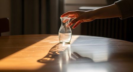 A hand gently touches a small clear glass vase standing in a patch of bright sunlight on a wooden table. The high-contrast lighting creates deep shadows and highlights floating dust particles, giving the scene a serene and artistic feel.の素材